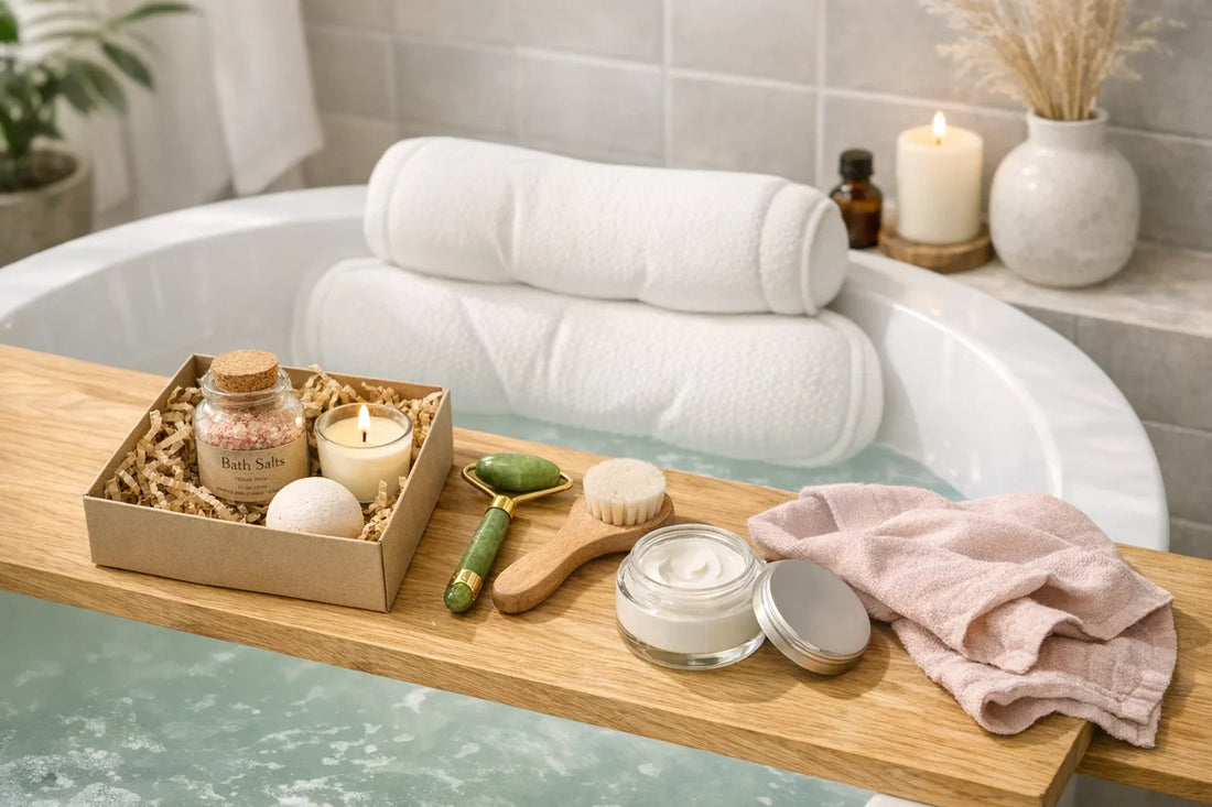 Relaxing at home spa day setup with bath pillow, candles, natural skincare, and beauty tools