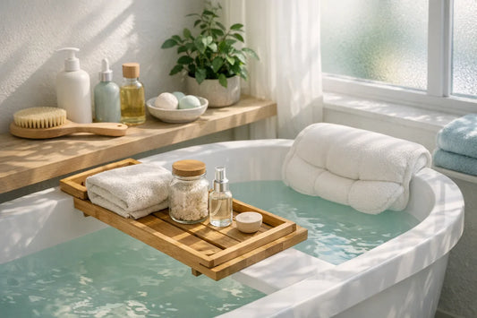 Woman enjoying a relaxing bath with natural self care products in a calm bathroom setting