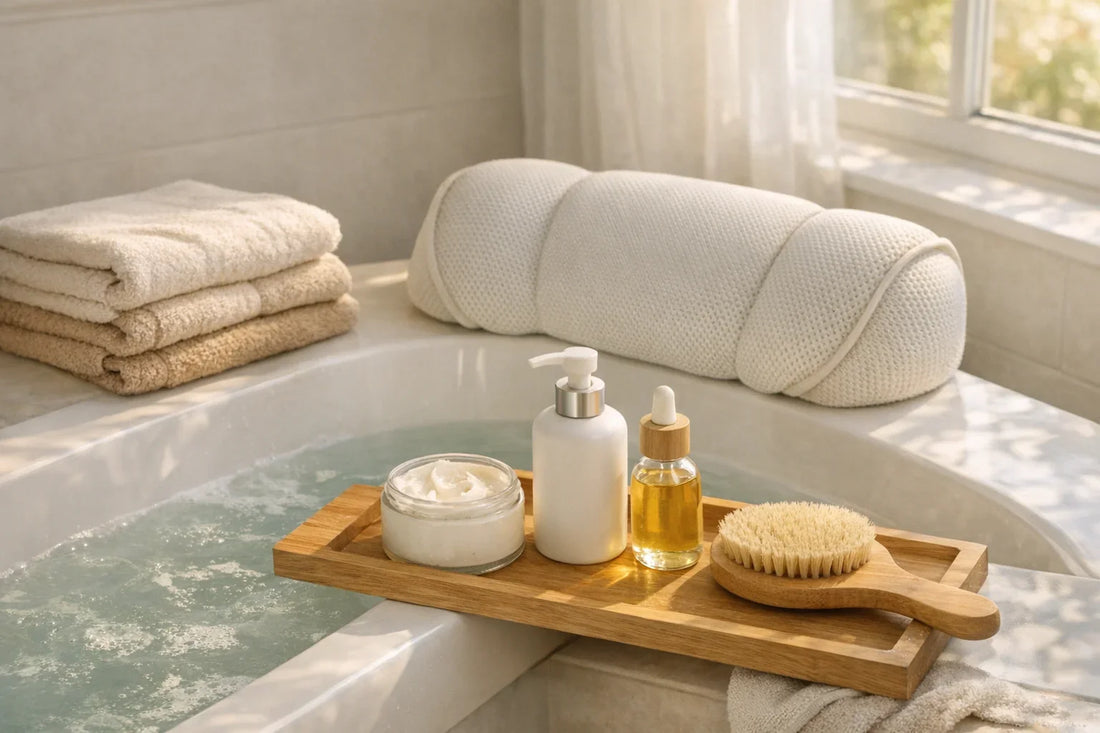 Relaxing bathroom scene with natural body care products and bath accessories displayed for a body care routine