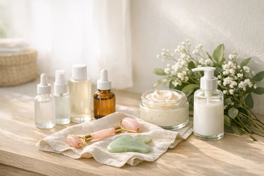 Woman enjoying a natural beauty routine at home with skincare essentials and tools on a vanity