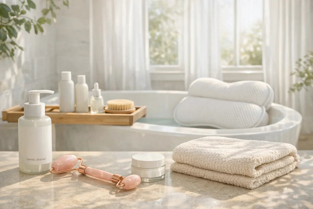 Young American woman enjoying a simple self care routine at home with skincare tools and bath accessories nearby