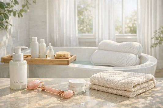 Young American woman enjoying a simple self care routine at home with skincare tools and bath accessories nearby