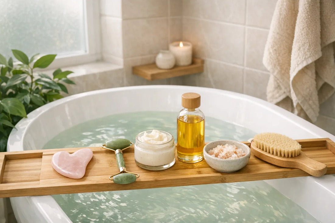 Woman enjoying a relaxing bath with natural beauty products arranged for a simple self care routine