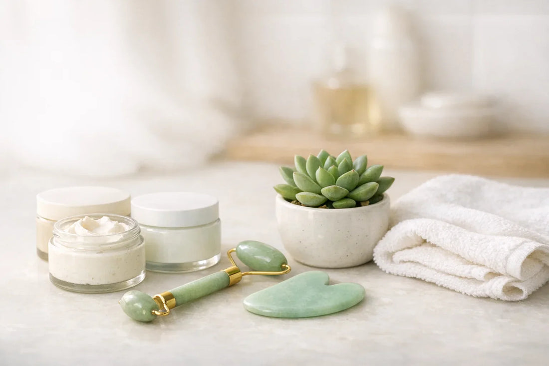 Woman enjoying a cozy at-home self care routine with natural beauty products and skin care tools on a bathroom shelf