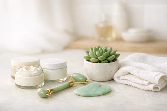Woman enjoying a cozy at-home self care routine with natural beauty products and skin care tools on a bathroom shelf