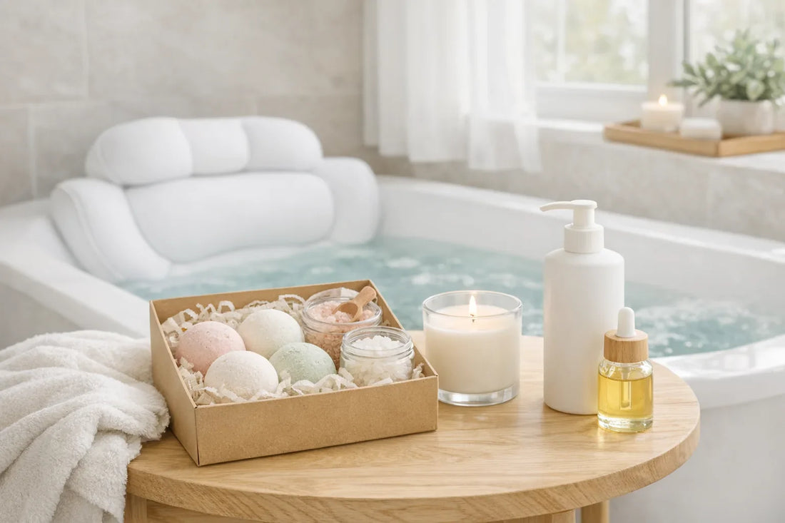 Cozy home spa setup with bath accessories and body care products for at home spa day ideas