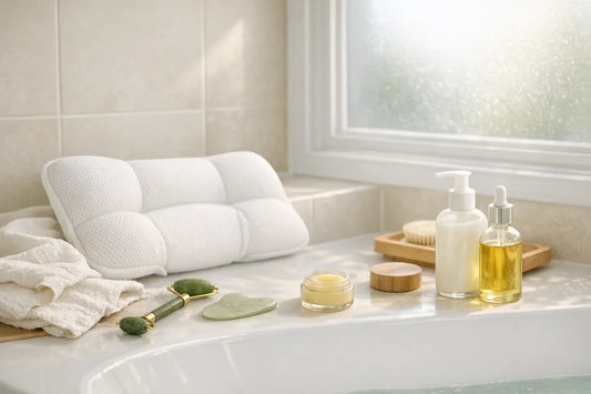 Woman enjoying a relaxing simple self care routine with facial massage tools and bath accessories in a calm bathroom setting