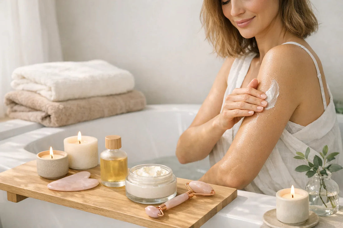 Woman enjoying a relaxing self care routine with natural skincare tools and body moisturizer in a bright cozy bathroom