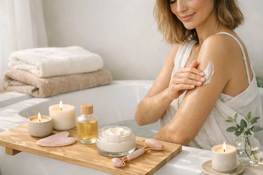 Woman enjoying a relaxing self care routine with natural skincare tools and body moisturizer in a bright cozy bathroom