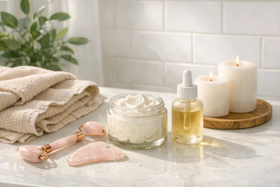 Calm, inviting home bathroom scene showcasing a simple self care routine with natural beauty products and spa accessories