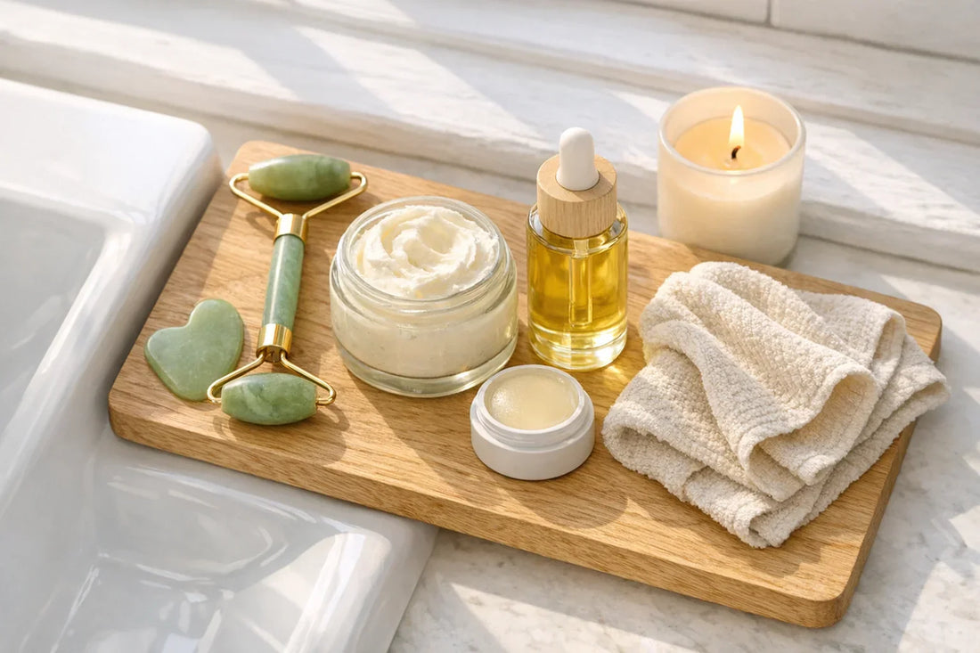 Calming bathroom scene showing a simple self care routine setup with natural skincare and body care products on a wooden tray
