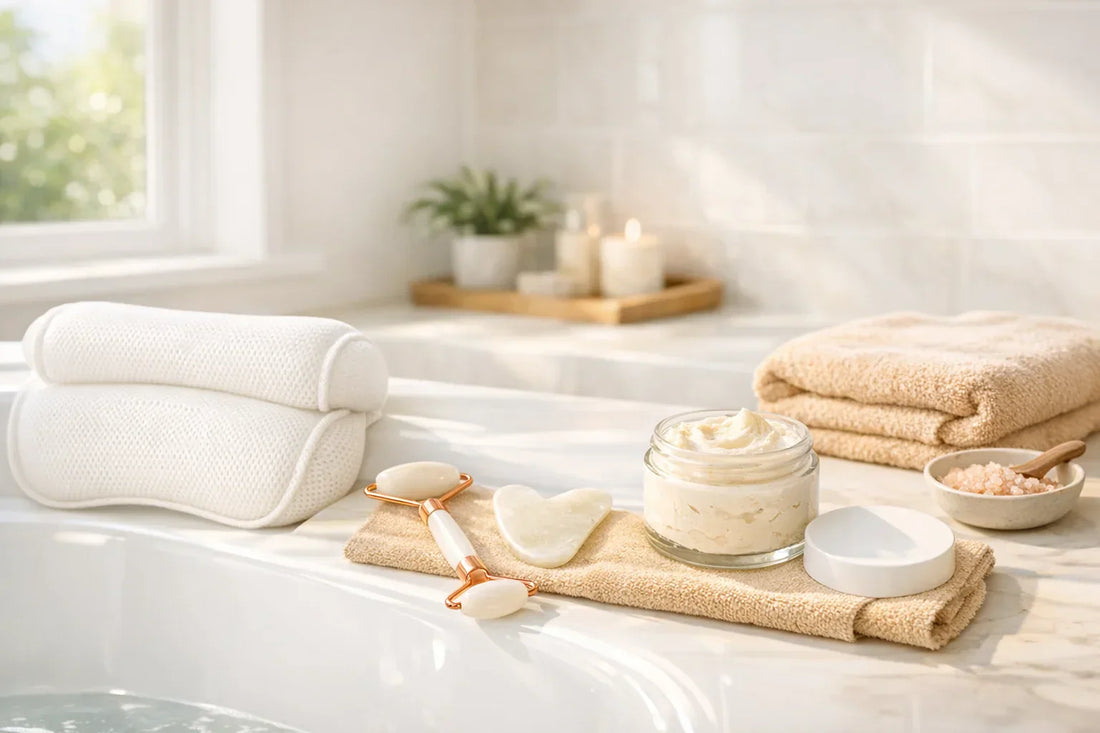 Person enjoying a relaxing bath with natural bath accessories and facial massage tools in a simple self care routine