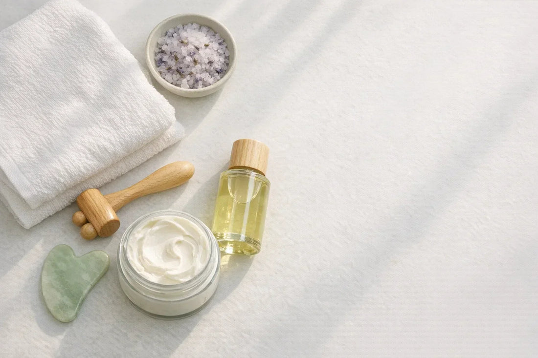A clean and calming bathroom setup with natural skincare and spa products arranged for a simple self care routine