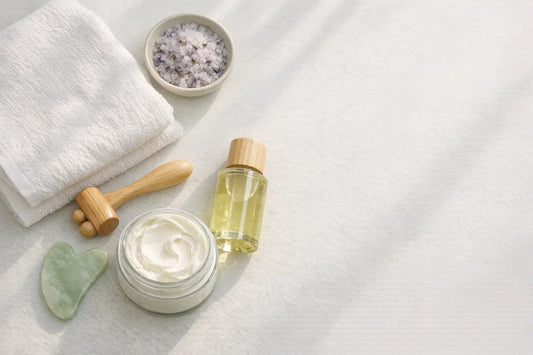 A clean and calming bathroom setup with natural skincare and spa products arranged for a simple self care routine