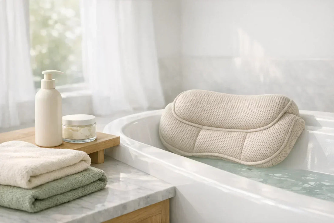 Woman enjoying a relaxing bath with natural bath accessories as part of a body care routine