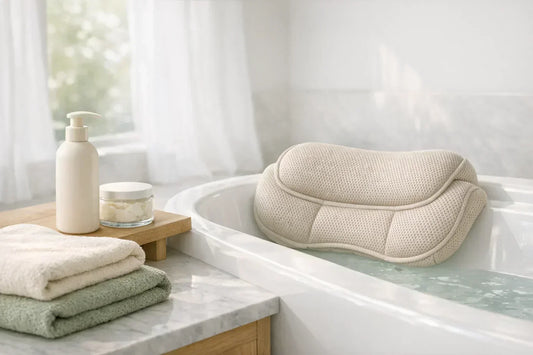 Woman enjoying a relaxing bath with natural bath accessories as part of a body care routine