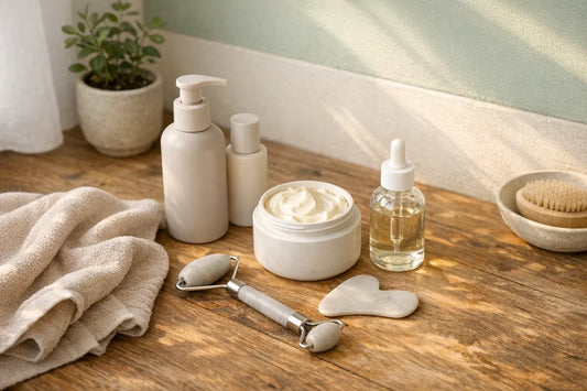 Woman enjoying a simple self care routine at home with natural skin and body care products arranged on a counter