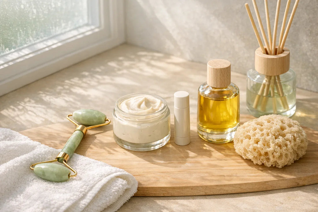 Woman enjoying a simple self care routine with natural skincare products and relaxing bath essentials