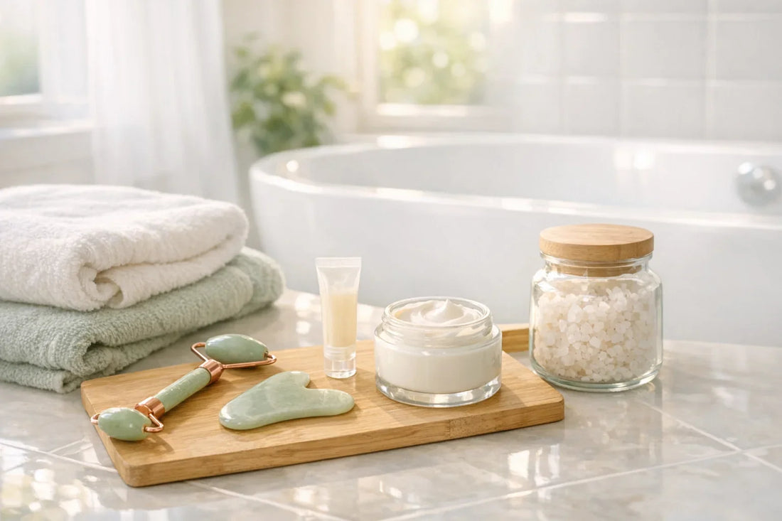Woman enjoying a relaxing at home spa day with natural self care routine products arranged nearby