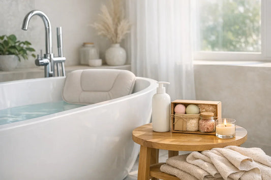 Relaxing home spa scene featuring simple self care routine products arranged by a bathtub with soft lighting