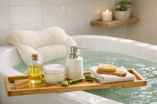 Woman enjoying a relaxing bath with bath pillow and natural self care products for a simple self care routine at home