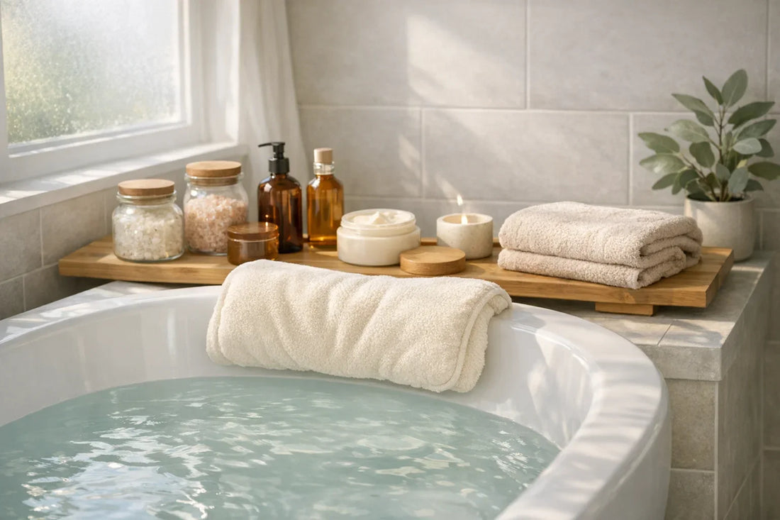 Cozy at home relaxing bath routine setup with bath pillow, candles, and self-care products