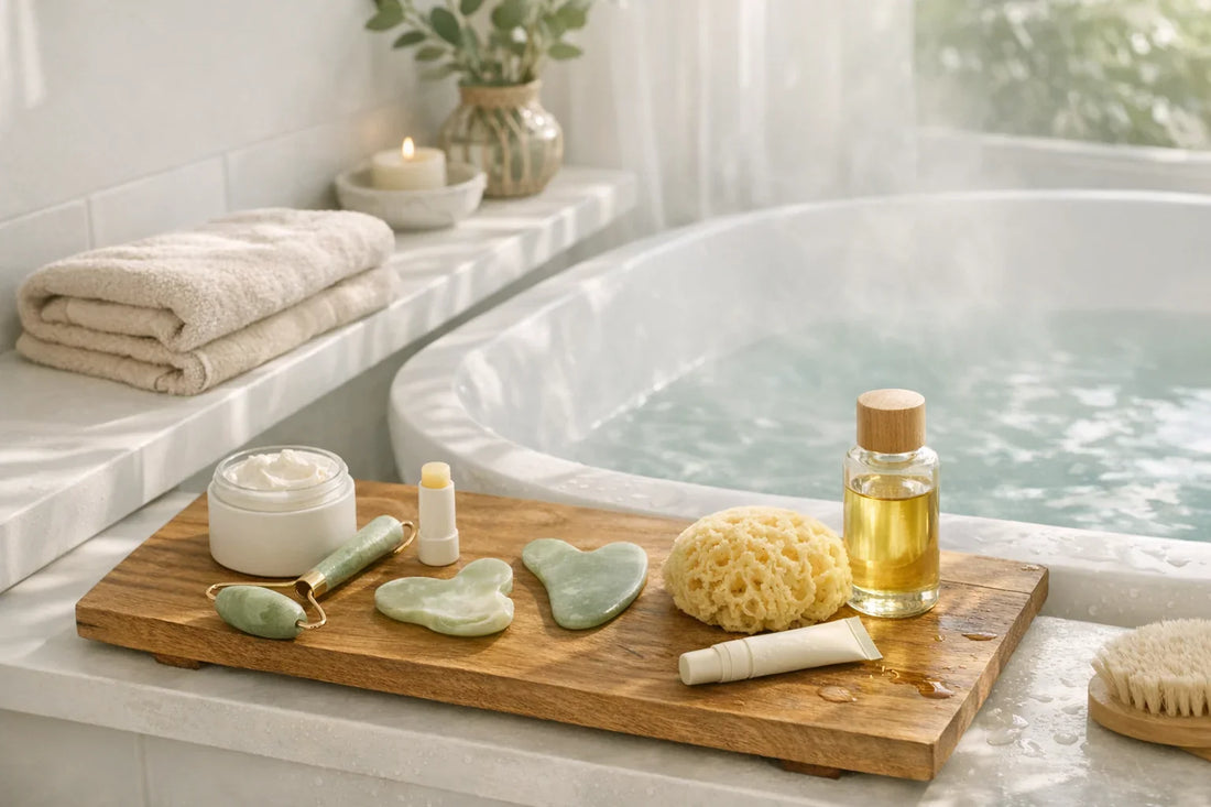Woman with glowing skin enjoying a relaxing self care routine at home with natural beauty products and bath accessories