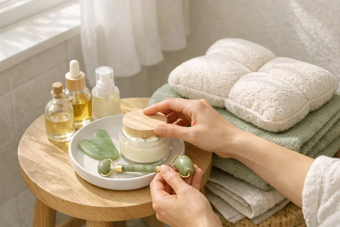 Woman setting up a simple self care routine at home with natural skincare tools, body lotion, and bath accessories