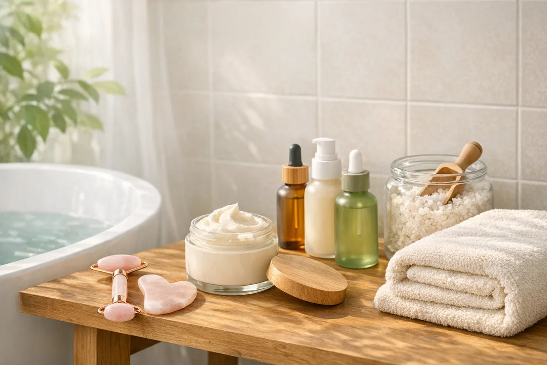 Relaxing at-home self care routine scene with natural beauty products and bath accessories on a bathroom counter