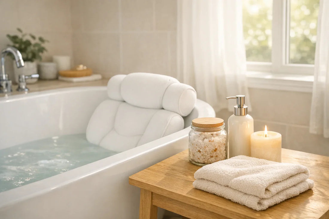 Cozy bathroom scene with a natural relaxing bath routine featuring candles, bath pillow, and self care products