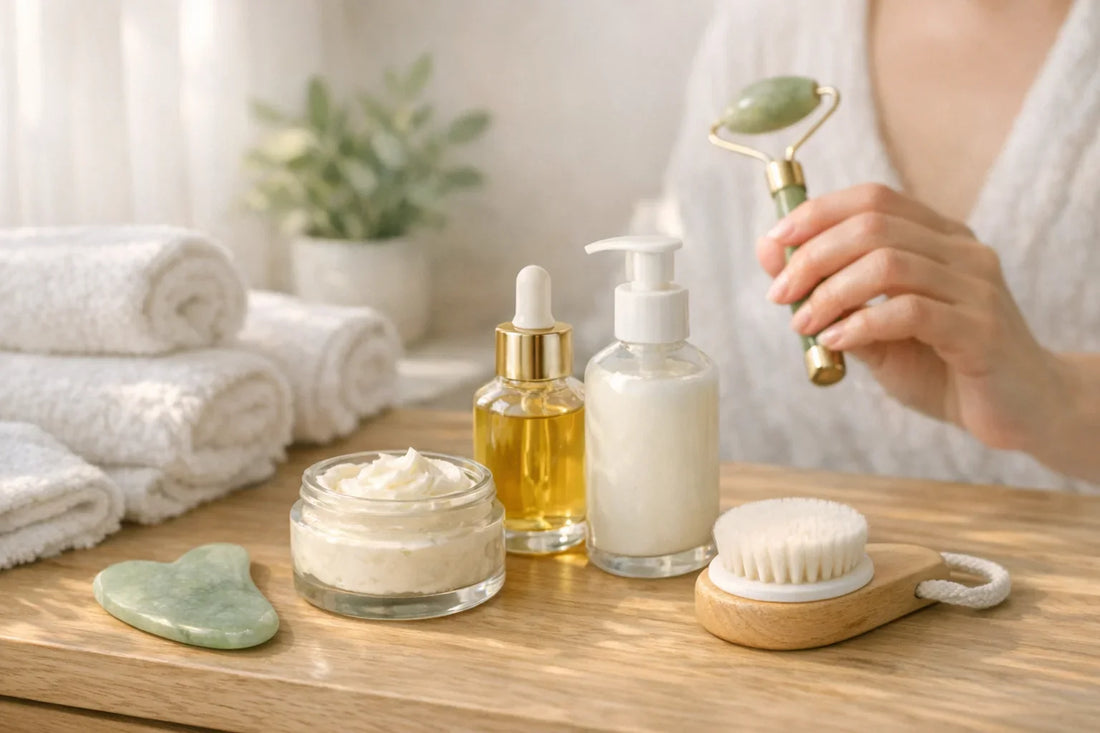 Woman enjoying an easy self care routine surrounded by natural beauty and body care products on a bathroom counter