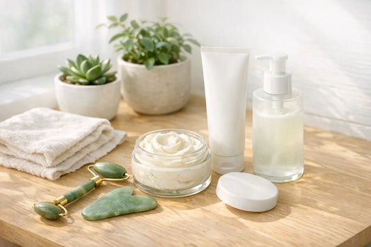 Woman enjoying a simple self care routine with natural skincare tools and body lotion in a bright bathroom
