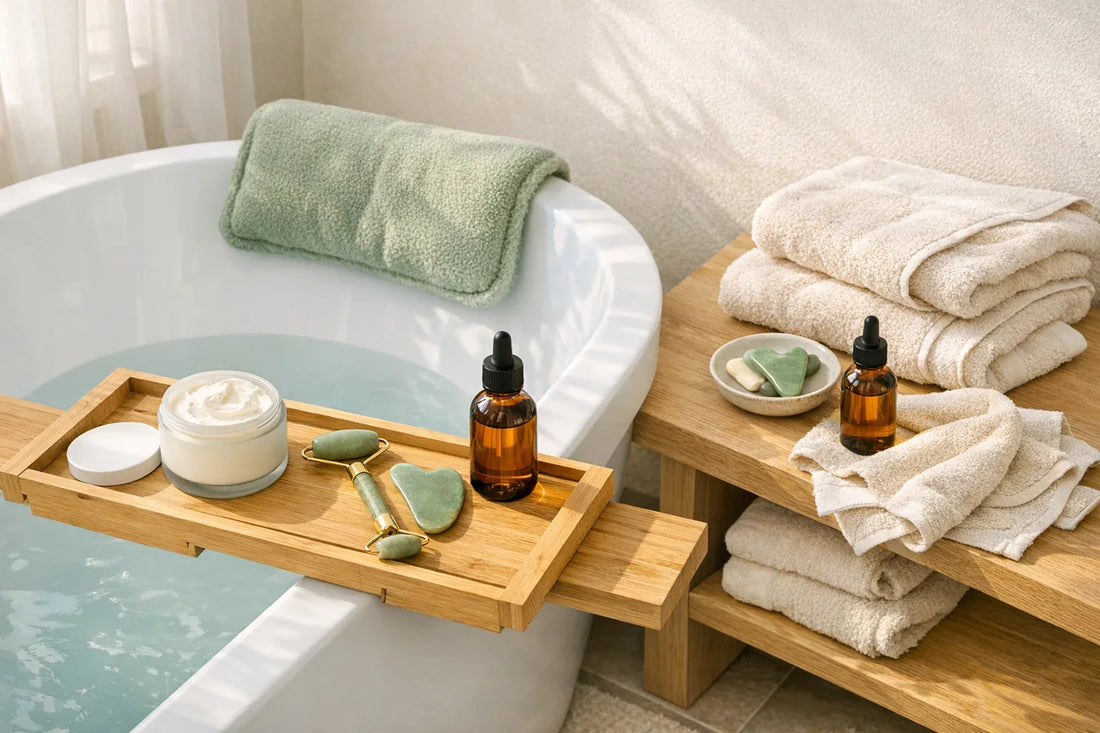 Woman enjoying a simple self care routine with bath accessories and body lotion in a cozy bathroom