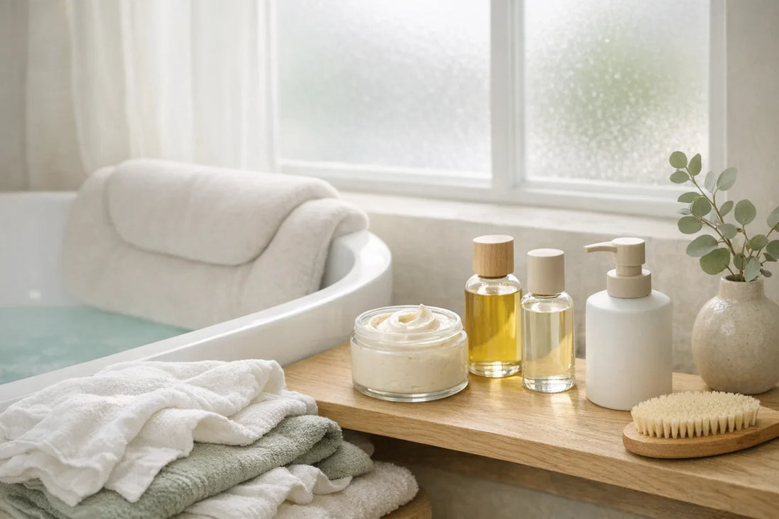 Young woman relaxing in bathtub with bath pillow and natural body lotion alongside, demonstrating a body care routine