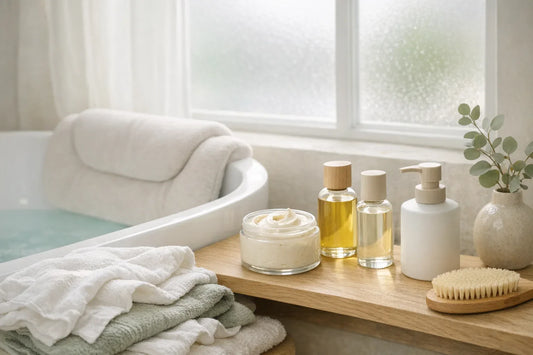 Young woman relaxing in bathtub with bath pillow and natural body lotion alongside, demonstrating a body care routine