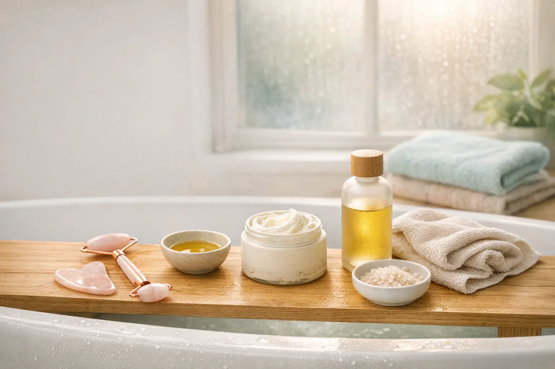 Relaxed woman enjoying a simple self care routine at home with natural beauty and body care products.