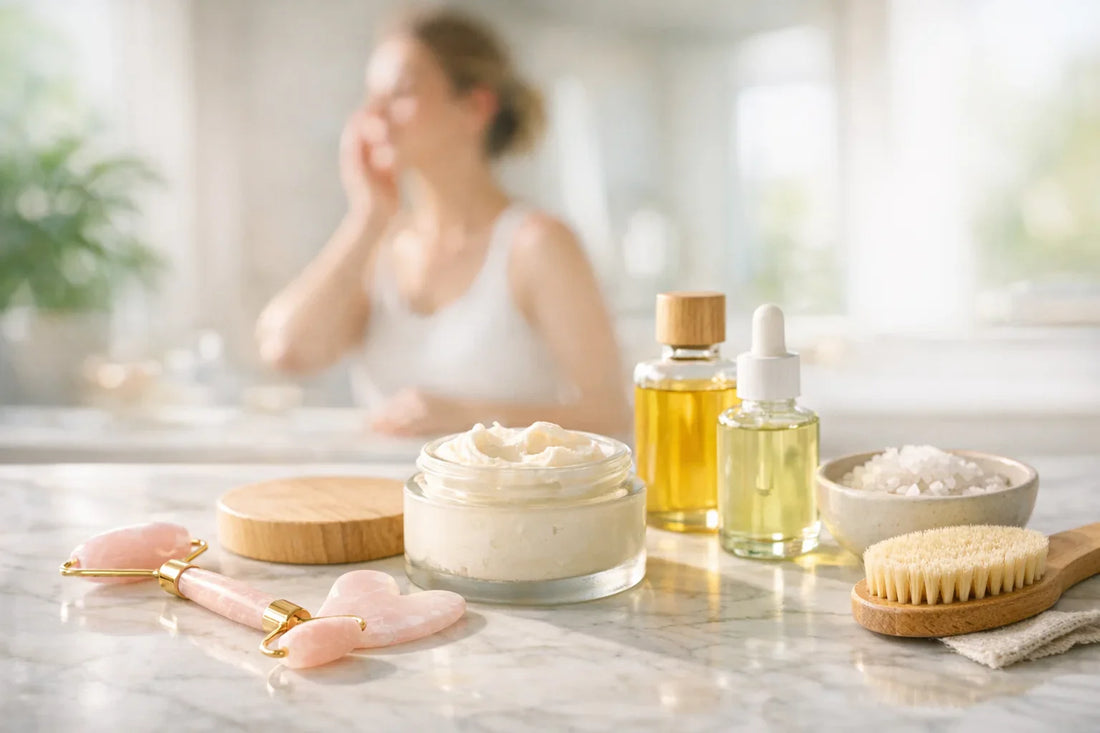 Woman enjoying a simple self care routine with natural beauty products and spa accessories on a bathroom counter