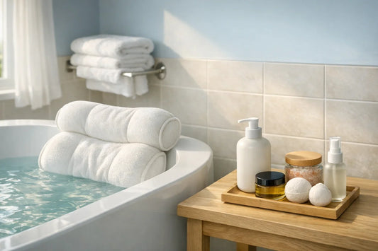 Calming bathroom scene with relaxing bath routine setup including bath pillow and body care products