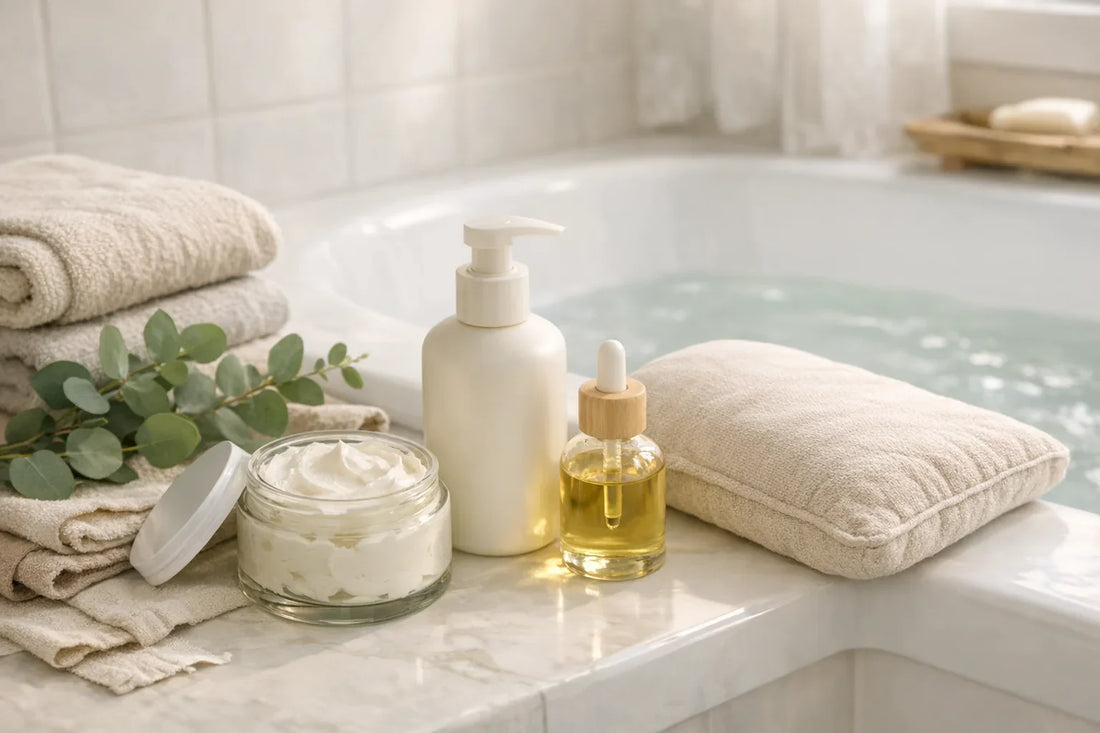Relaxing bath scene with natural body care products arranged beside a bathtub ideal for daily body care routine