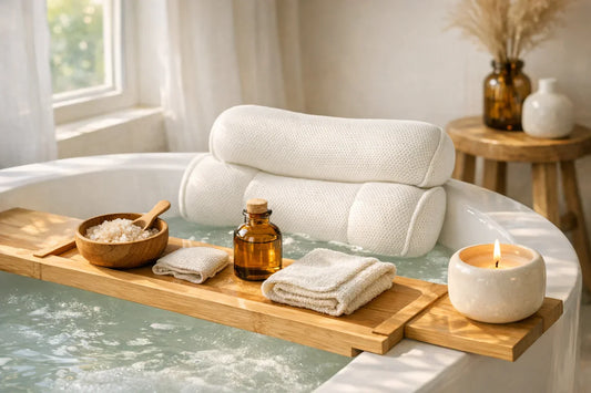 Calm bathroom scene featuring relaxing bath routine essentials with natural products on a wooden tray by a filled bathtub