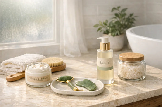 A cozy home bathroom setup showing a gentle self care routine with skincare tools, bath accessories, and body lotion