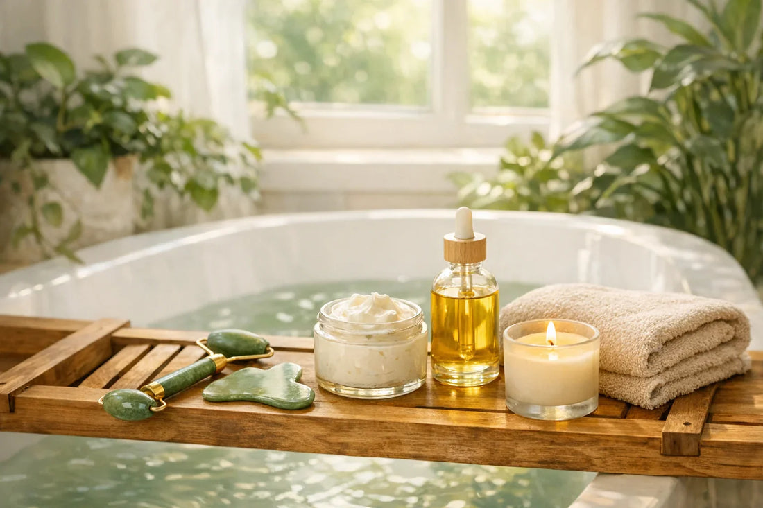 Woman enjoying a relaxing simple self care routine with natural skincare tools and bath accessories at home