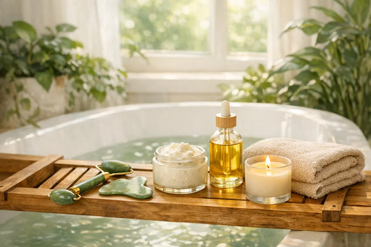 Woman enjoying a relaxing simple self care routine with natural skincare tools and bath accessories at home