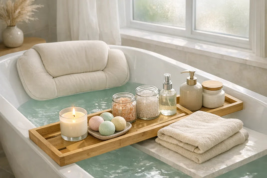 Relaxing at home spa day setup with bath pillow, candles, and natural body care products laid out in a cozy bathroom