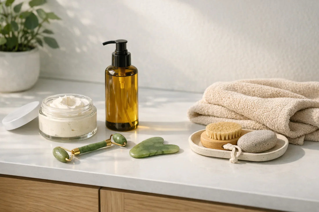 Woman enjoying a simple self care routine with natural skincare tools and moisturizing body lotion in a cozy bathroom