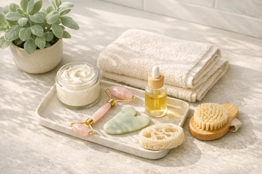 Woman enjoying a simple self care routine with natural skincare and body products arranged on a bathroom counter