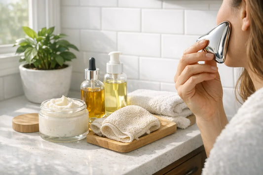 Woman enjoying a natural beauty routine with skincare and body care essentials in a bright bathroom