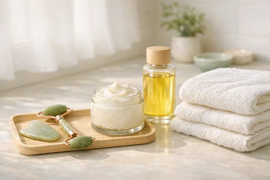 Woman enjoying a simple self care routine with natural skincare products and relaxing bath accessories on a bright bathroom counter