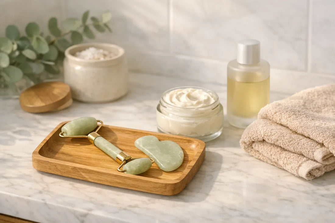 Woman relaxing at home with a simple self care routine using natural beauty products in a cozy setting