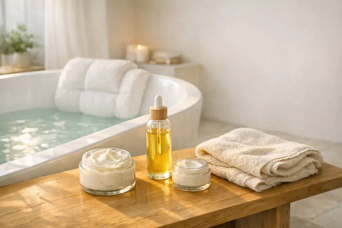 Woman enjoying a relaxing bath with bath pillow and natural body lotion in a cozy bathroom setting during a body care routine
